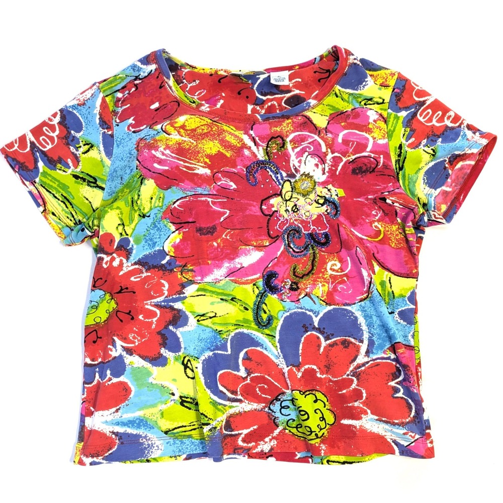 Laura Ashley Petite Floral Beaded Cotton T-Shirt Multi-Color Short Sleeve PL